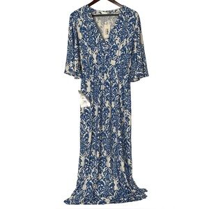 KOH KOH Cobalt Blue & White Maxi Pattern V-Neck Wrap Chest 3/4” Sleeve Dress; LG
